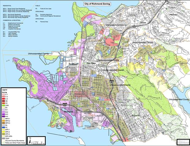 The three areas colored red are zoned as C-3 regional commercial areas. Screenshot taken March 6, 2015.